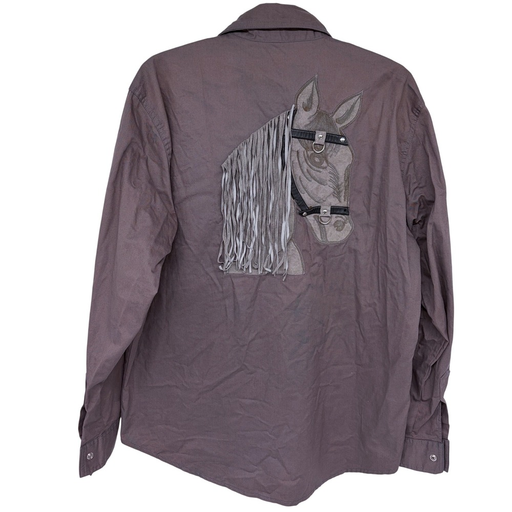 Vtg Horse Embroidered Pearl‎ Snap Western Shirt Medium Mens Brown Fringe Led Jo